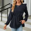 Blouzen voor dames jacquard vaste kleur shirt geplooide ruches blouse lange mouw ronde nek shirts tops voor dames blusas herfst winter