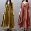 Grundläggande avslappnade klänningar Autumn Women Boho Vintage Dress Literary Large Swing Elegant Dresses Linen Layering Långärmad avslappnad Fake Two-Piece Vestidosl2403