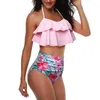 Damen-Badebekleidung, sexy Frauen-Druck, Schößchen, hängender Hals-BH, Strand-Bikini-Set, Badeanzug, hoher Badeanzug, Oberteil, 18 W, Damen-Badeanzüge, zwei