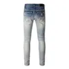 Amerikaanse stijl high street noodlijdende patch live-uitzending verf blauwe verweerde klassieke elastische jeans