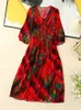 2024 Spring Summer Plaid pärlbälten Silk Dress Red 3/4 Sleeve V-Neck Midi Casual Dresses W4M1317