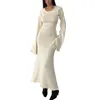 Casual Dresses Women Ribbed Knit Ruffle Trim Long Dress Sleeve Bodycon Party Cocktail Flare Summer Beach Cover Up