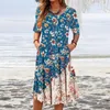 Casual Dresses Soft Fabric Dress Floral Print A-line Midi With Pockets For Women Breathable Summer O Neck Comfort