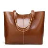 Drawstring 2024 Women's Handbag European And American Trend Shoulder Bags Retro Wild Casual Medium Oil Wax Leather Bag