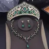 Ketting Oorbellen Set Luxe Groene Tiara's Bruid Voor Vrouwen Bruids Hoofddeksels Bruiloft Kroon Prom Oorbel Kostuum Accessoire