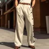 Men's Pants Men Casual Loose Mid Waisted Trousers Fashion Button Decoration Male Long Streetwear Solid Pockets Straight