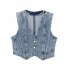 Gilet da donna Donna 2024 Summer Chic Fashion Effetto lavaggio con acqua Ritagliata Gilet di jeans Vintage Scollo a V Gilet femminile Top 6164/110