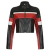 Women's Jackets Sexy Bomber Leather Jacket Cropped Contrast Color Pu Ladies Long Sleeve Motorcycle
