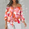 Kvinnors blusar Kvinnor Summer Off Shoulder Shirt Floral Print Casual Long Sleeve V Neck Topps Retro Ethnic Style Loose Blouse