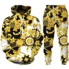 High End Luxury Golden Pattern Mens Hoodie/Pants/Set Fashion 3D Print Couple Sportwear Casual Hipster Personality Clothing Suit