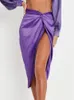 Summer Green Women Silk Satin Skirt with Side Slit Elagant Sexy Tight Skirt Female Folds High Waist Wrap Pencil Skirts Purple 240306
