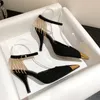 Dress Shoes Four Seasons 402 Women's High Heels Black Sexy Pointed Toe Gold Iron Braided Stiletto Versatile Heel Sandals 5