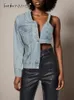 TWOTWINSTYLE Solid Asymmetrical Denim Coat For Women Lapel One Shoulder Sleeve Patchwork Button Chic Coats Female Fashion 240311