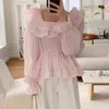 Blusas femininas Clothland Mulheres Blusa Doce Babados Manga Alargamento Camisa Gola Quadrada Rosa Branco Preto Chic Tops Blusa LA879