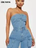 CMYAYA Women Sleeveless Button Front Strapless Pocket Side Cargo Denim Jeans Jumpsuit Street Suit Romper Playsuits 240220