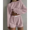 Pijamas femininos conjunto primavera manga longa topos com shorts sleepwear 2 peça conjunto solto em torno do pescoço casa wear loungewear pijama femme 240313