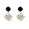 Studörhängen Retro Hong Kong Style Sier Needle Female Micro Inlaid Zircon Rhombus Ornament Black Square Ear Dreop