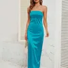 Summer Women's Solid Color Wrapped Chest Elastic Open Back Satin Dress