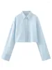 Blouses Femmes Chicheca Simple Boutonnage Bleu Ciel Chemise Courte Femmes Manches Longues Col Rabattu Coton Crop Top Blusa Mujer Automne Printemps