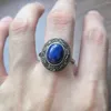 Cluster Ringe 1 teile/los Natürliche Lapis Lazuli Ring S925 Sterling Silber Eingelegte Geometrische Runde Retro Ethnischen Stil Frau Schmuck Anillos mujer