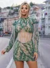 Casual Dresses Women Luxury Sexy Long Sleeve Mesh Sequins Tassel Green Diamonds Mini Prom Dress Elegant Evening Cocktail Party Club