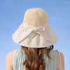 BERETS 여성 여름 우아한 버킷 모자 나비 넥타이 비닐 선 스크린 해변 캡 호흡 가능한 야외 넓은 넓은 선 보호