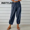 Pantalones de mujer de lino de algodón 2024 otoño Color sólido cintura elástica pantalones rectos sueltos mujer Harajuku pierna ancha alta