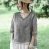Женские блузки, лето 2024, двухслойная хлопково-льняная рубашка с v-образным вырезом и тяжелой вышивкой, топ из органзы, свободный крой