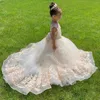 Vestidos de niña para niños, champán, encaje, flor, cuello transparente, hinchado para boda, desfile de primera comunión, vestido de baile para niños pequeños