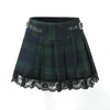 Rokken Minirok Y2k Kleding Groene Plaid Koreaanse Mode Voor Vrouwen Elegant Geplooid Zwart Kant Hoge Taille Met Riem