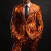 Мужские костюмы 2024, костюм с 3D-цифровой печатью, молодежная мода, блестящий крутой костюм для отдыха с цветочным принтом из двух предметов