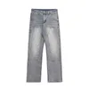 Retro street jeans for men trendy brand washed and distressed logging workwear pants spliced design straight