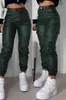 Calça cargo feminina longa personalizada, tendências de rua, design de bolso, couro sintético, outono inverno, cintura alta