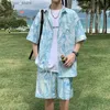 Men's Tracksuits Summer mens two-piece tie dye oversized shirt and shorts thin silk beach travel suit mens Q240314