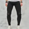 Män high street rippade hiphop stilfulla smala jeans manliga byxor kvalitet hål casual bomullspennor denim byxor 240305