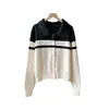 여성용 니트 고급 한국 버전 색상 매칭 스트라이프 지퍼가 달린 스웨터 재킷 캐주얼 다목적 옷깃 Long2024 가을