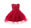 Meisjesjurken 2024 Boutique Red Mesh Summer Dress Princess Kids Sweet Party 1-6t