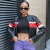 Women's Jackets Sexy Bomber Leather Jacket Cropped Contrast Color Pu Ladies Long Sleeve Motorcycle