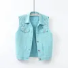 Gilets en Denim pour femmes, couleur unie, décontracté, troué, clouté, veste sans manches, manteau en jean court, vêtements de rue, vêtements d'extérieur pour femmes, automne