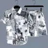 Designer kostym sommar tidning skjorta mens trendiga löst modemärke kort ärm strandpar blommor set yjiu