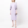 Party Dresses Lavender Evening Dress Midi Crystal 3/4 Sleeves Column Women's Cocktail Gowns O Neck Sheath Length Short Gown