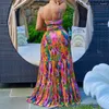 Etnische kleding elegante vrouwen spaghetti band uitsparing taille hoge grote schommel fit en flare maxi lange jurk 2024 strand sexy boho