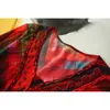 2024 Spring Summer Plaid pärlbälten Silk Dress Red 3/4 Sleeve V-Neck Midi Casual Dresses W4M1317