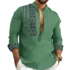 Men Long Sleeve Button-Down Shirt Blouse Loose Henley V-Neck Beach Tops T Shirts 240313