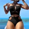 Женский купальник 2024, летний женский купальник с лямкой на шее, бразильское бикини, женский комплект с высокой талией и пуш-ап, купальный костюм с кольцом