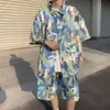 Traje de diseñador Camisa de flor de seda de hielo para hombre Vestido de verano de manga corta Pippy y guapo Hawaii Vacaciones Ocio Playa Set 6HSB
