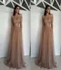 2018 Elegant Off the Shoulder Evening Dresses Flowers Pearl Tulle golvlängd Brun Formell aftonklänningar Dragkedja Up4071659