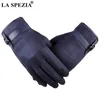 LA SPEZIA Mens Suede Gloves Touch Screen Male Navy Blue Velvet Gloves Thermal Solid Patchwork Leather Autumn Winter Mittens Men 20203V