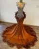 O Neck Brown Long Prom Dress for Black Girls 2024 Beaded Crystal Rhinestone Birthday Party Dresses Feathers Sequin Aftonklänningar