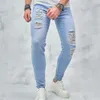 Streetwear Stylish Risted Curne Chudy Ołówek dżinsy męskie Hip Hopy Rozciąganie dżinsowe spodnie dla mężczyzn 240311